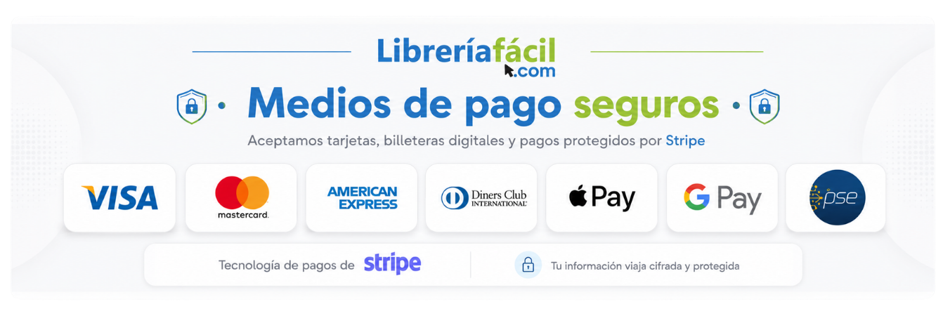 Medios de pago aceptados: Visa, Mastercard, American Express, Diners Club, Apple Pay, Google Pay y PSE — pagos protegidos por Stripe